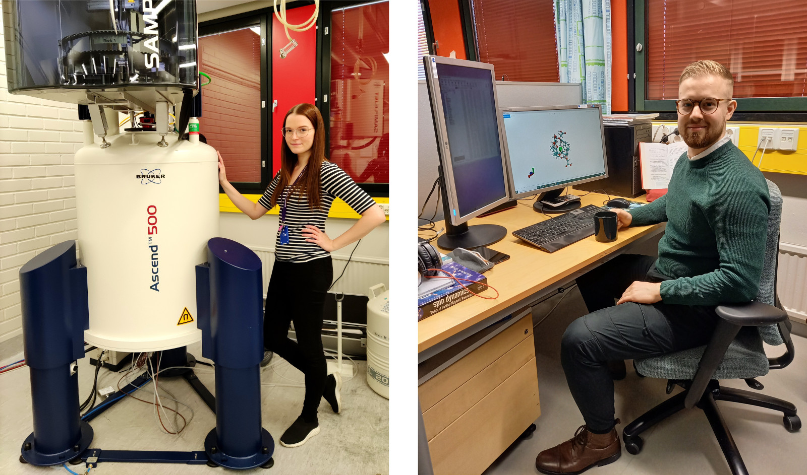 Katja Tolkkinen next to NMR spectrometer and Perttu Hilla in his office